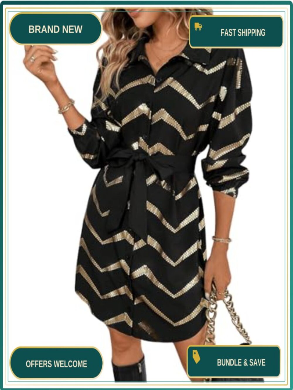 Metallic Gold Long Sleeve Wrap Dress Cocktail Party